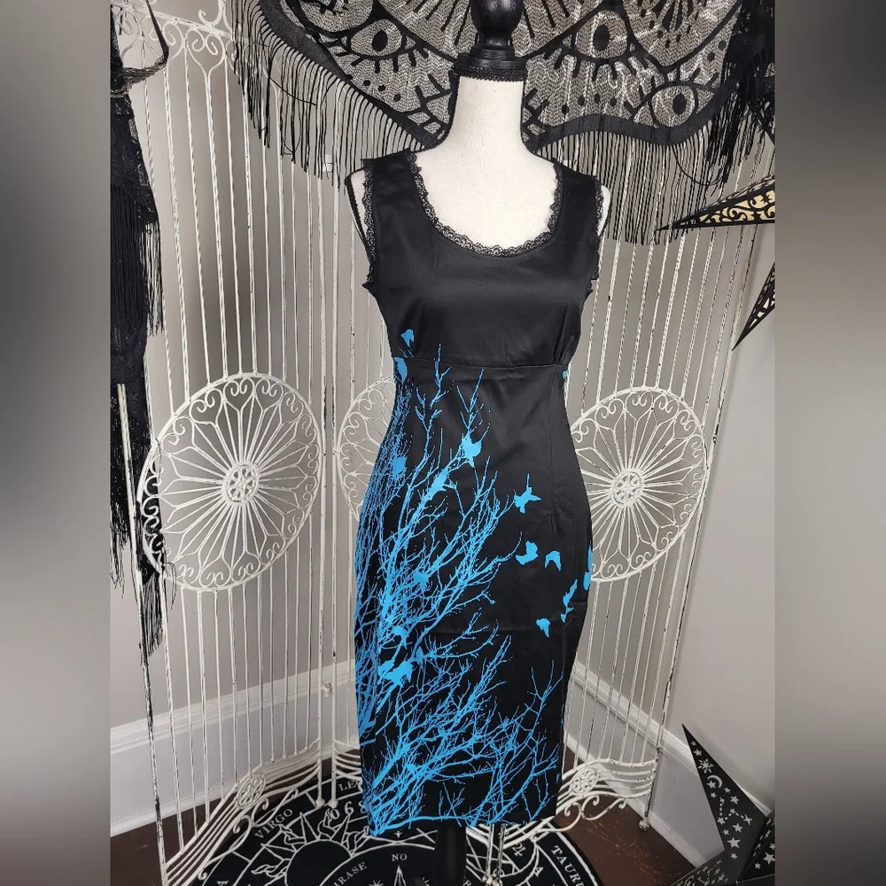 NWT Crow And Tree Black And Blue Pencil Dress Cage Buckle Belt Goth Deadstock - Picture 2 of 6